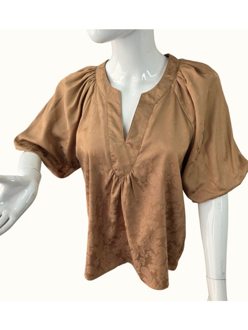 Umgee Pale Bronze Boho Top Womens Sz S Paisley Jacquard Bubble 1/2 Sleeve V-Neck